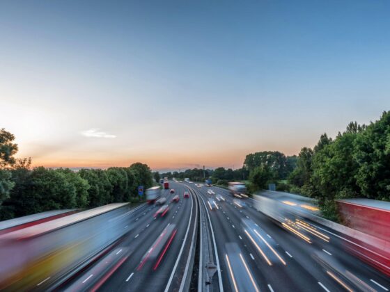 Motorway traffic light trails at dusk