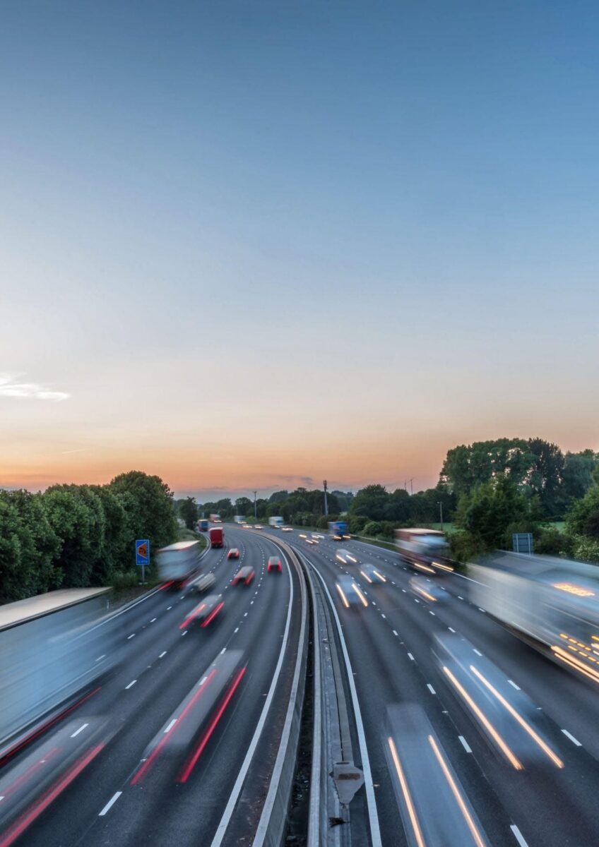 Motorway traffic light trails at dusk