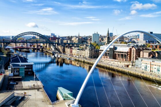 Newcastle city skyline and bridges over River Tyne