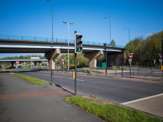 Pedestrian crossing and road junction with flyover