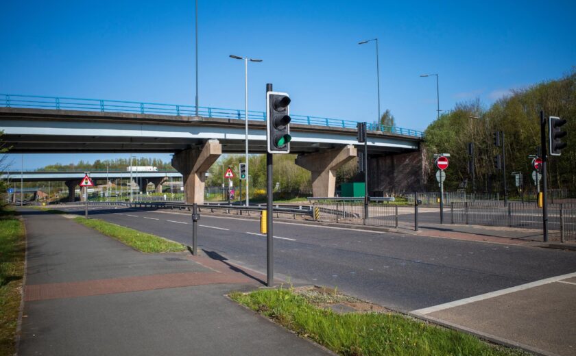 Pedestrian crossing and road junction with flyover