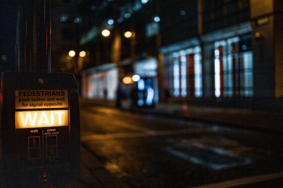 Pedestrian crossing button at night