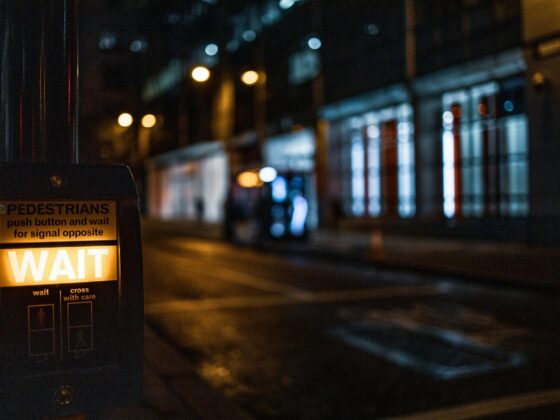 Pedestrian crossing button at night