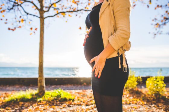 Pregnant woman standing in autumn park