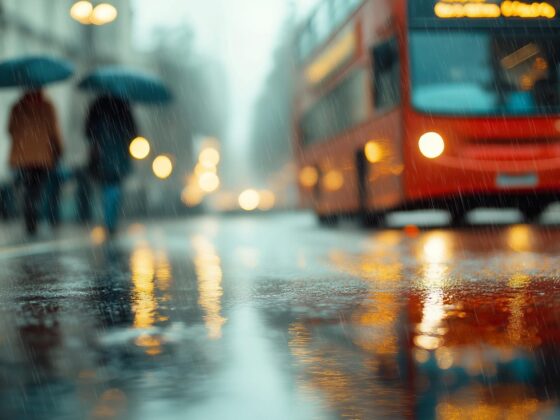 Rainy city street with bus and pedestrians