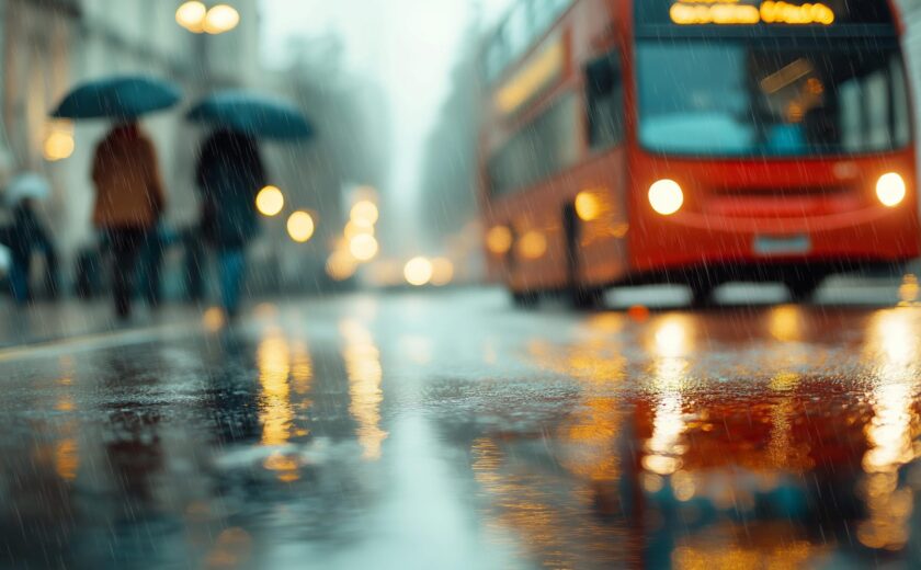 Rainy city street with bus and pedestrians