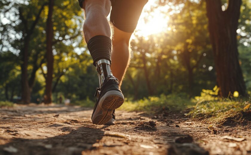 Runner with prosthetic leg in woodland
