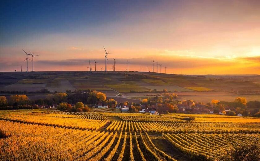Rural landscape with fields and wind turbines at sunset