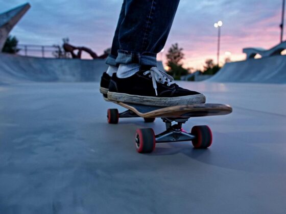 Skateboarder riding in skate park