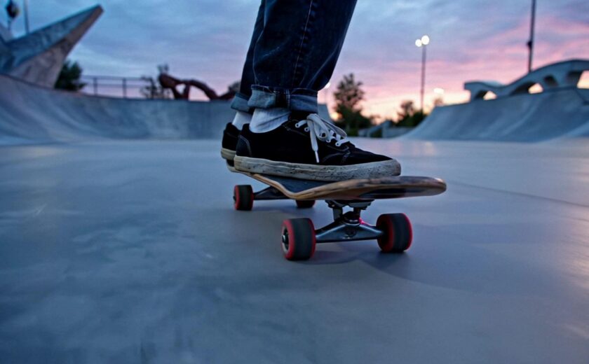 Skateboarder riding in skate park