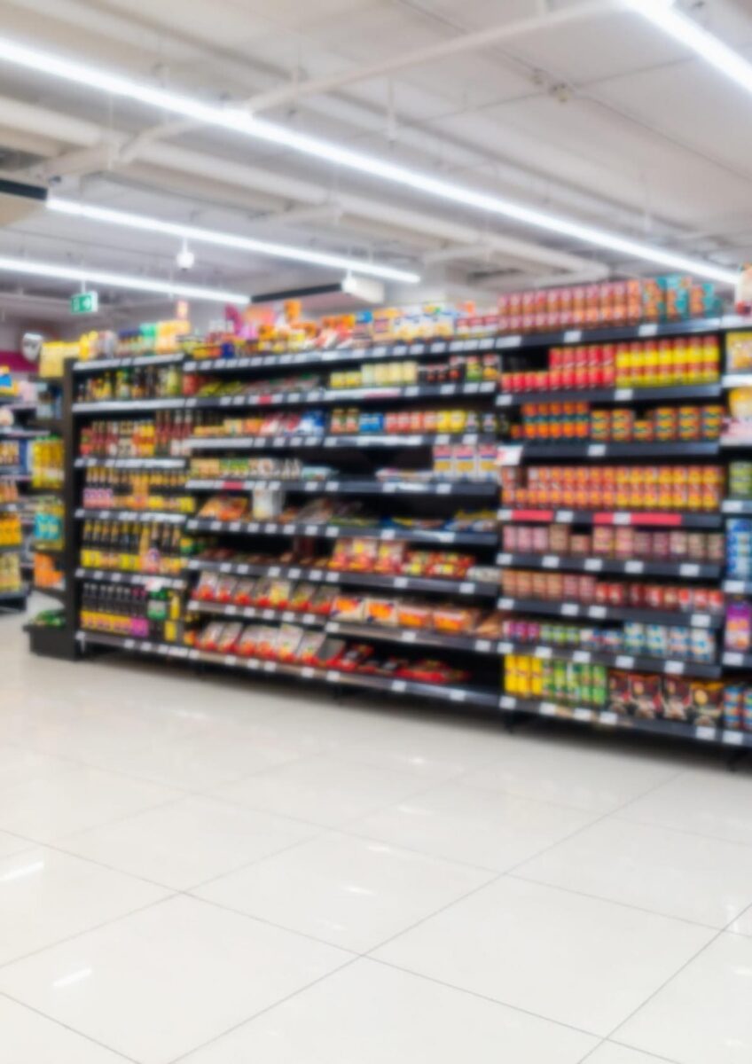 Supermarket aisle with stocked shelves