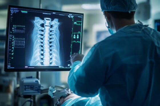 Surgeon reviewing spinal scan in operating theatre