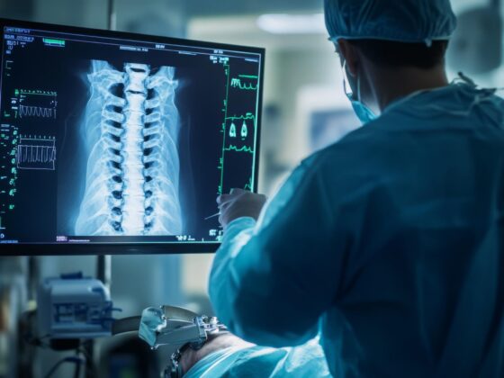 Surgeon reviewing spinal scan in operating theatre