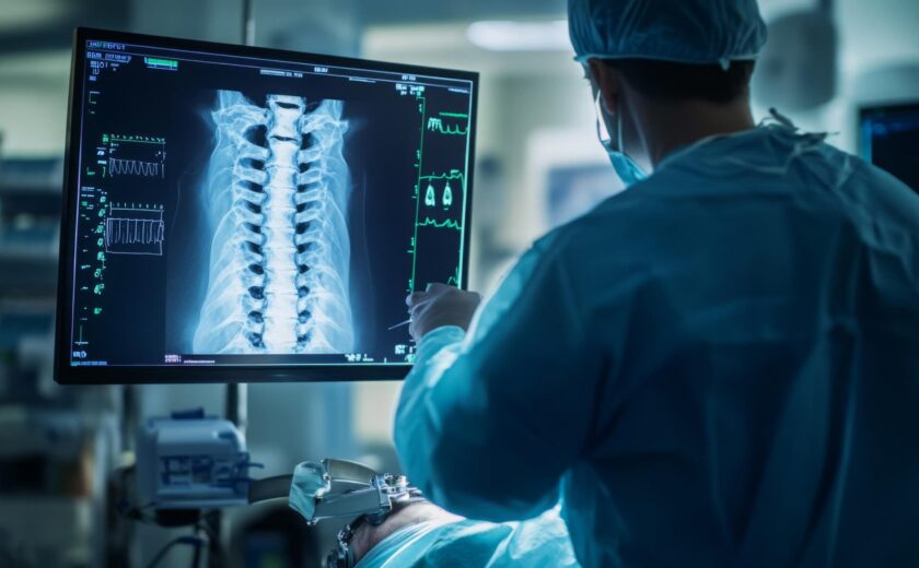 Surgeon reviewing spinal scan in operating theatre