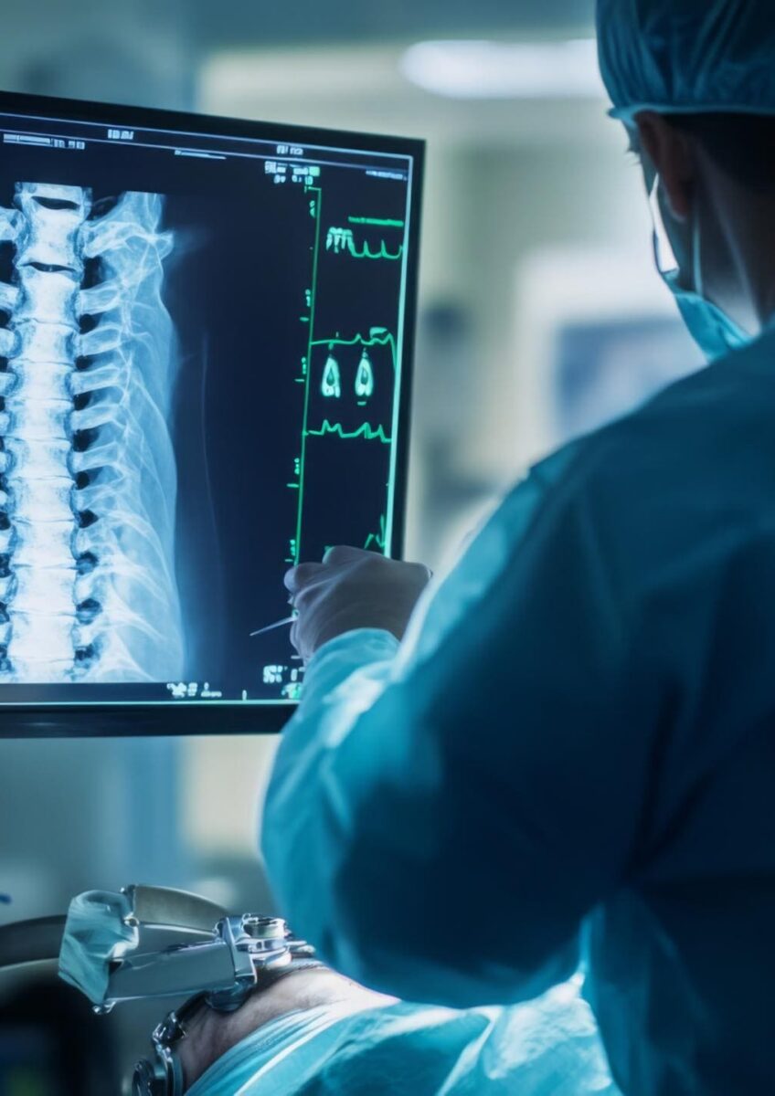 Surgeon reviewing spinal scan in operating theatre