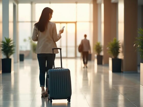 Traveller pulling suitcase through airport terminal