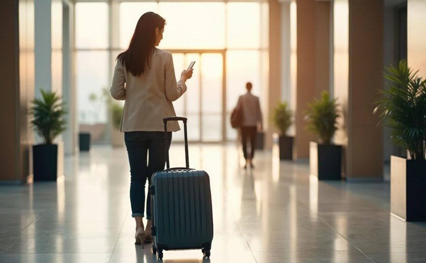 Traveller pulling suitcase through airport terminal
