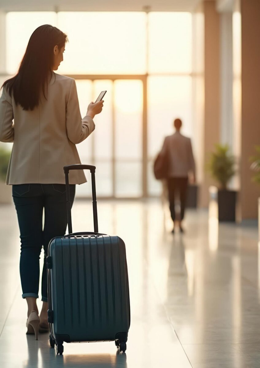 Traveller pulling suitcase through airport terminal