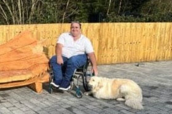 Wheelchair user seated with guide dog in garden