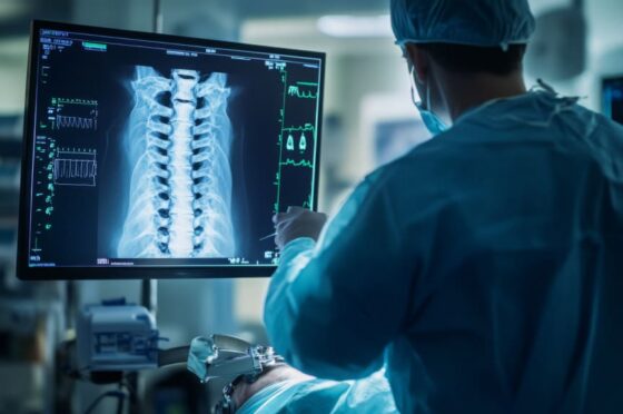 Medical professional examining spinal X-ray on screen in clinical setting