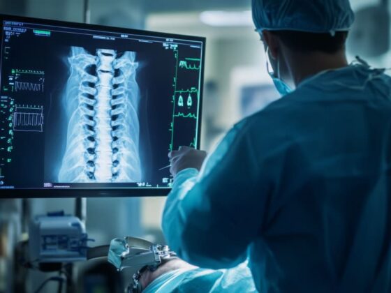 Medical professional examining spinal X-ray on screen in clinical setting