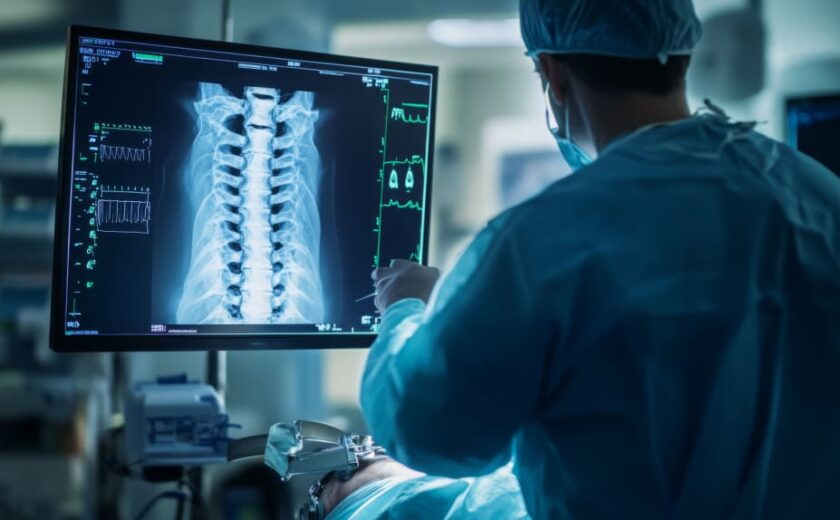 Medical professional examining spinal X-ray on screen in clinical setting
