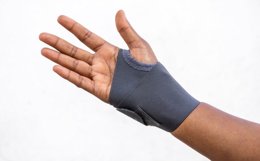 Hand wearing a dark wrist support or brace against a plain background