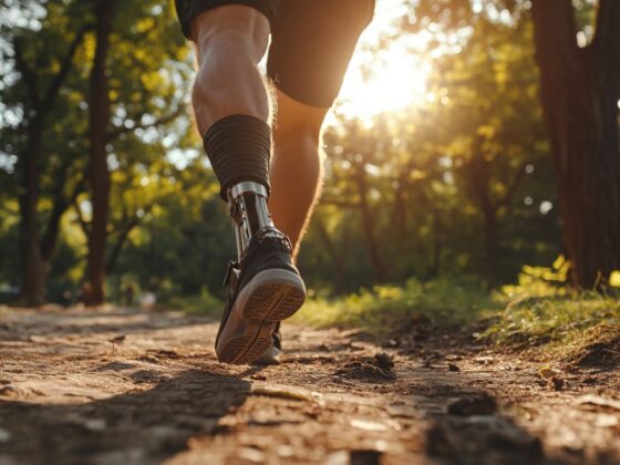 Close-up of person running outdoors with prosthetic leg on a sunlit forest path