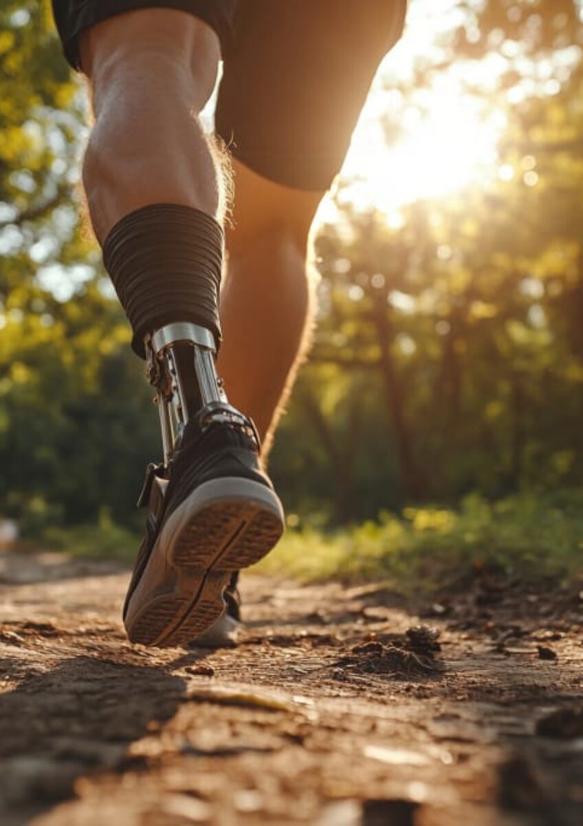 Close-up of person running outdoors with prosthetic leg on a sunlit forest path