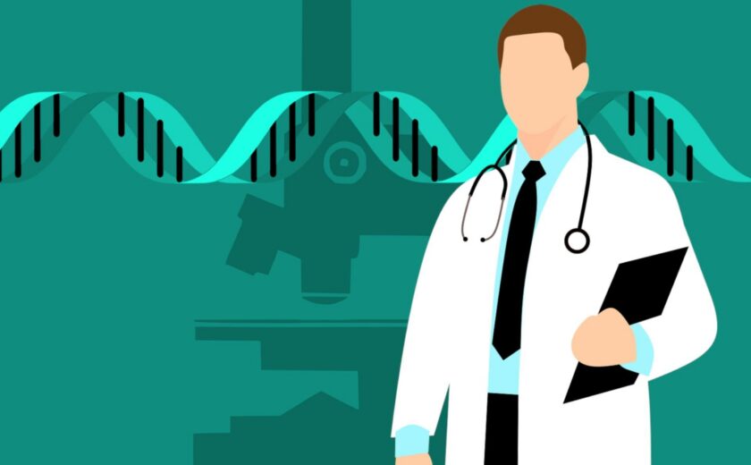 Illustration of a doctor with stethoscope and DNA strand with microscope in background