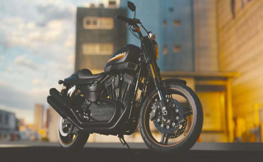 Black motorbike parked outdoors with blurred urban background