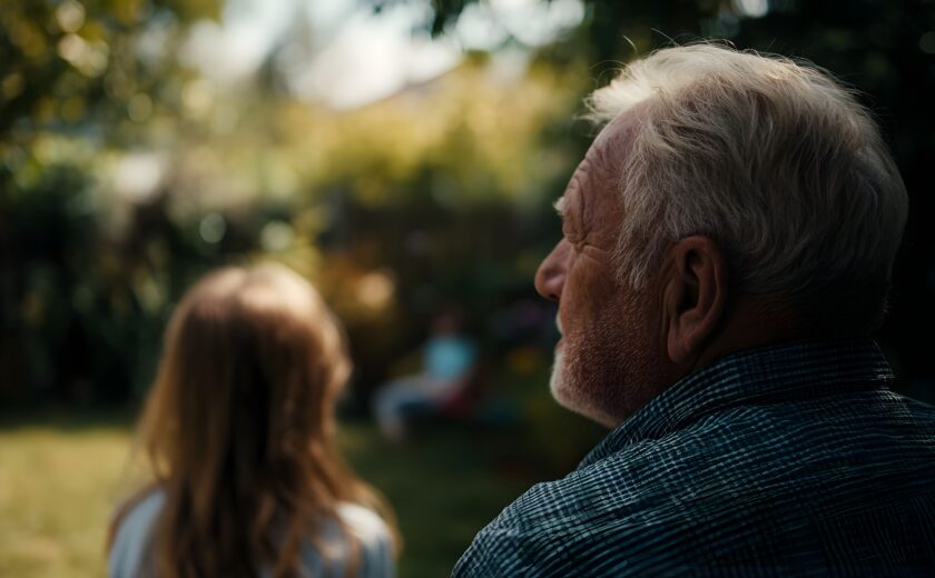 Older man and child sitting outside in a sunlit garden
